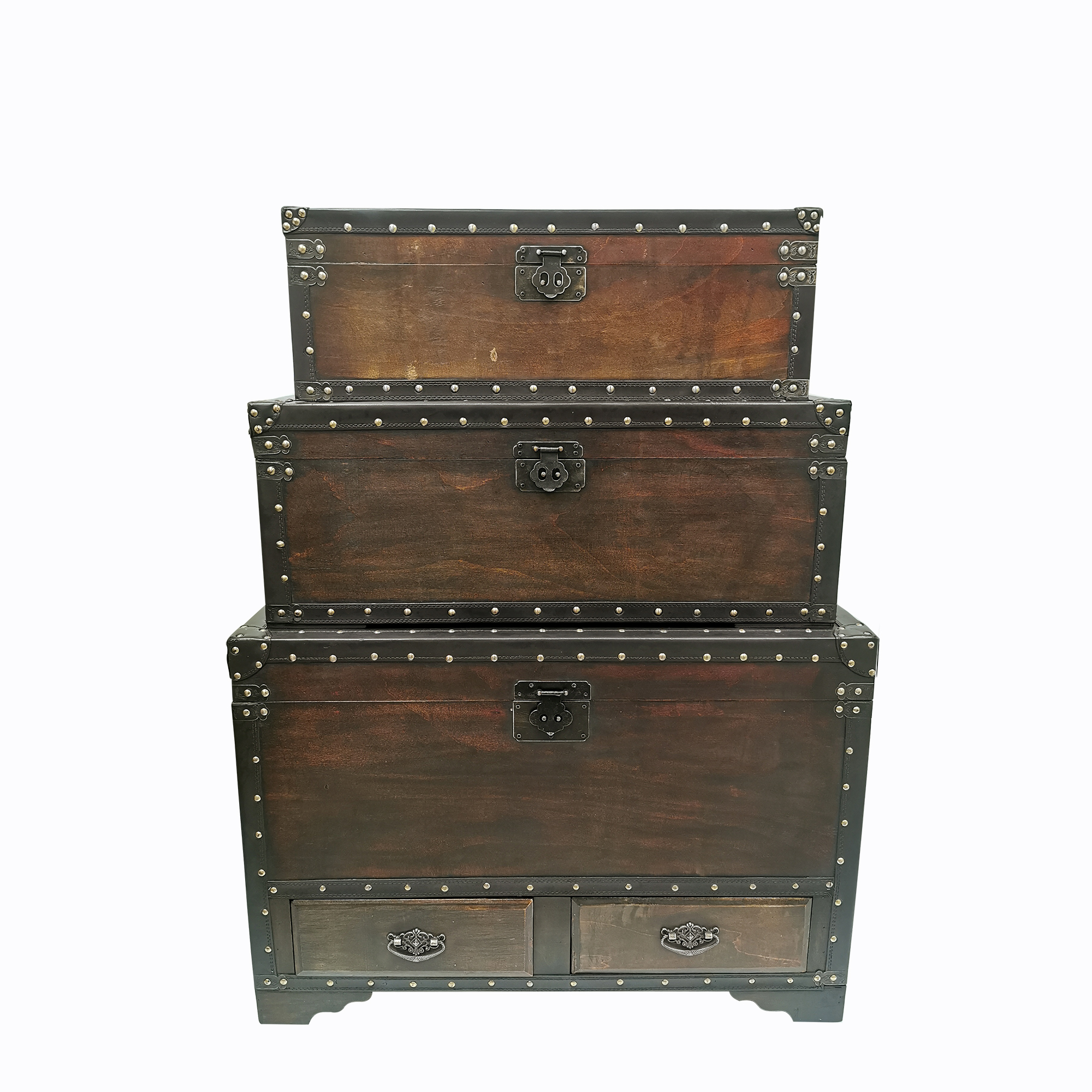 Leather Trimed Solid Wood Trunk With 2 Drawers Set Of 3 Boxman