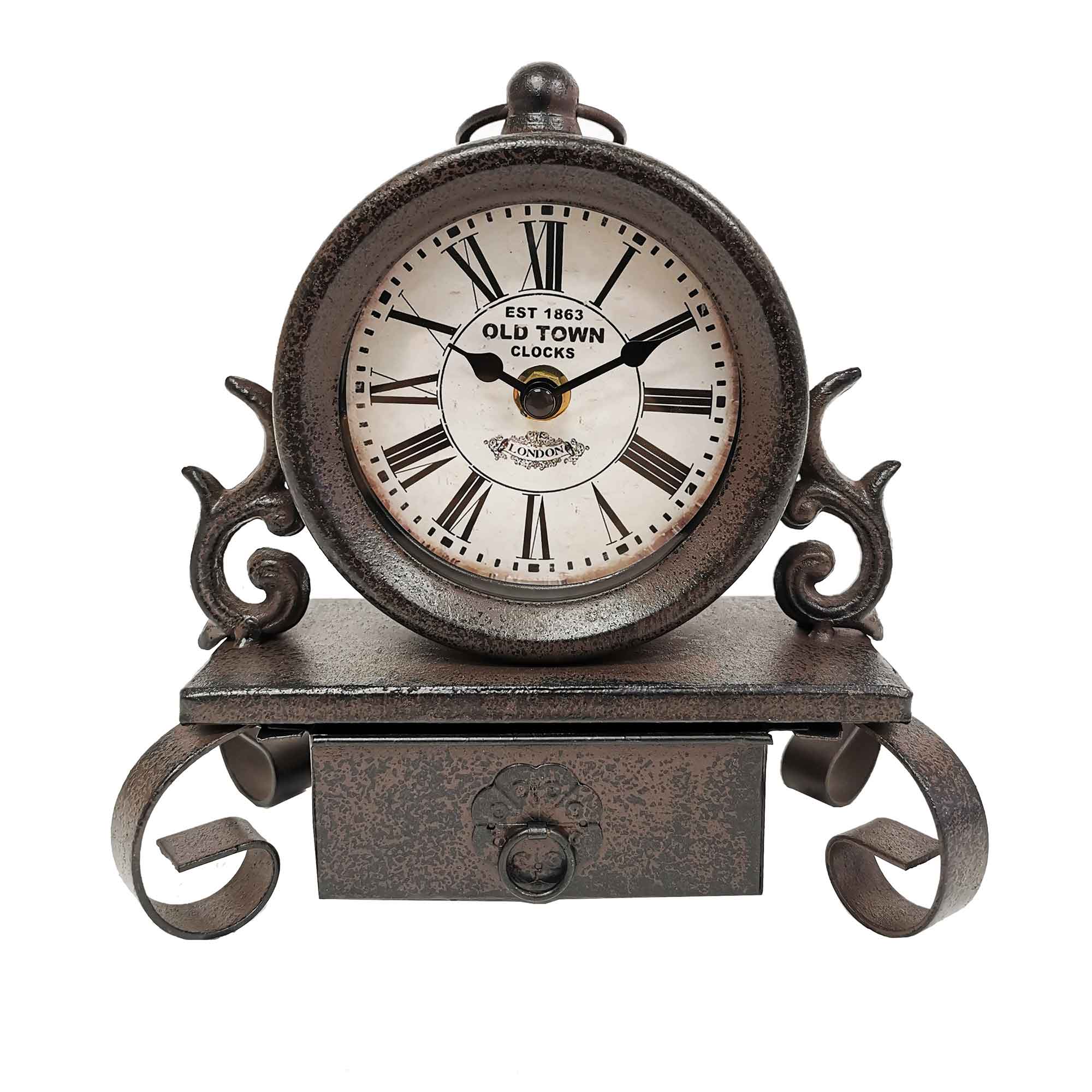 Bronze Metal Table Clock with Drawer